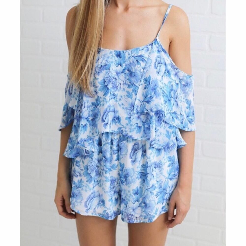NEW Show Me Your MuMu Quinn Off Shoulder Ruffle Romper Mama Blues Size XS